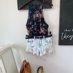 Navy blue boutique floral blouse